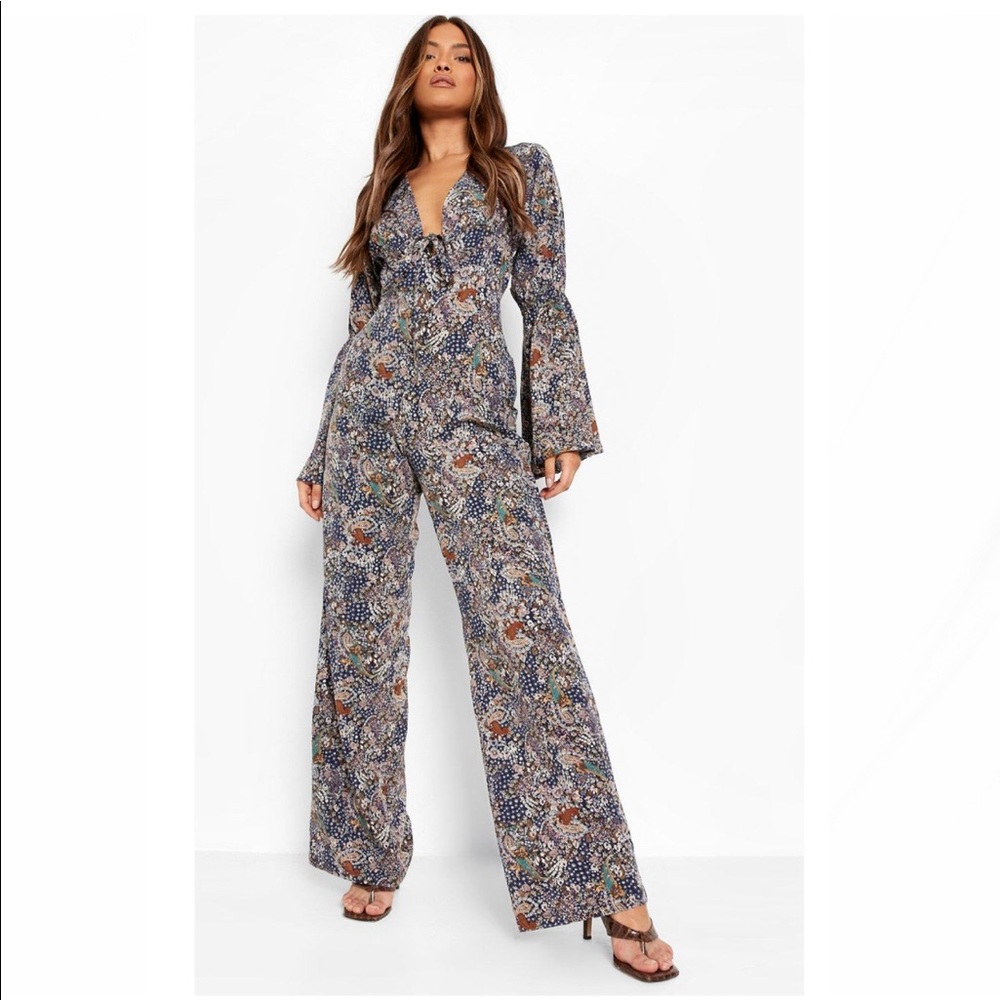 Boohoo Paisley Plunge Wide Leg Jumpsuit